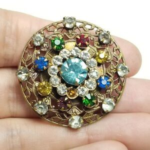 Vintage Rainbow Colorful Rhinestone Cluster Gold Tone Filigree Brooch Lapel Pin